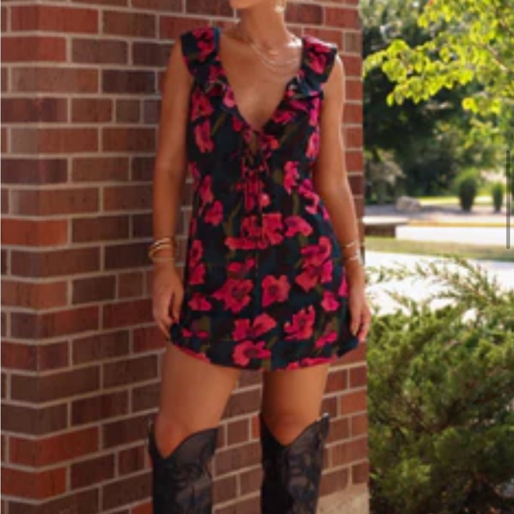 Red and Pink Flutter Sleeve V-Neck Mini Sundress